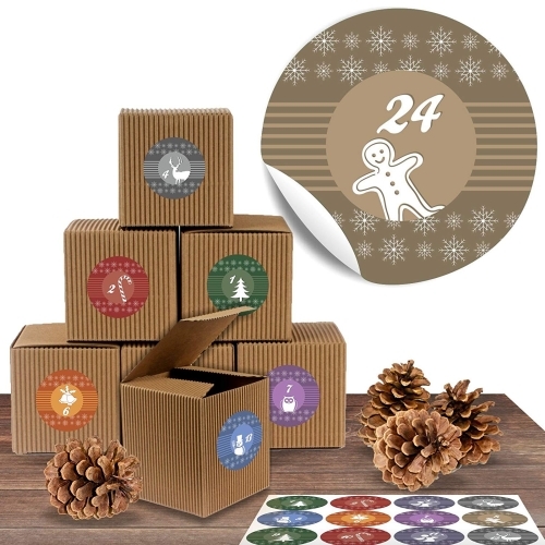 24 Rustikale Adventsboxen mit 24 Adventsaufklebern Wintermotive