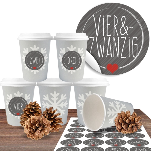 24 BIO Coffee to go Becher "Schneeflocke" mit 24 Adventsaufklebern Schick und Grau
