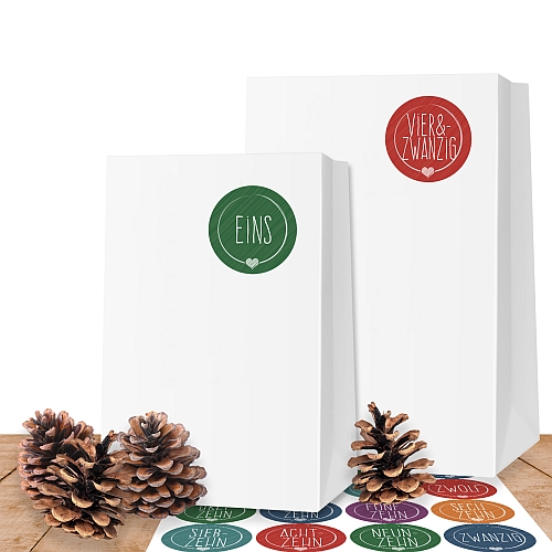 25 wei�e Kraftpapiert�ten XL (10x19 cm) mit 24 Adventsaufklebern Schick & Bunt