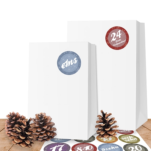 25 wei�e Kraftpapiert�ten XL (10x19 cm) mit 24 Adventsaufklebern Moderne Adventszahlen