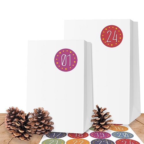 25 wei�e Kraftpapiert�ten XL (10x19 cm) mit 24 Adventsaufklebern Zum Advent