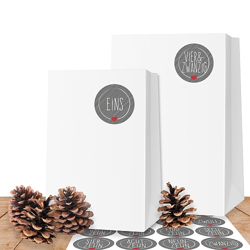 25 wei�e Kraftpapiert�ten XL (10x19 cm) mit 24 Adventsaufklebern Schick & Grau